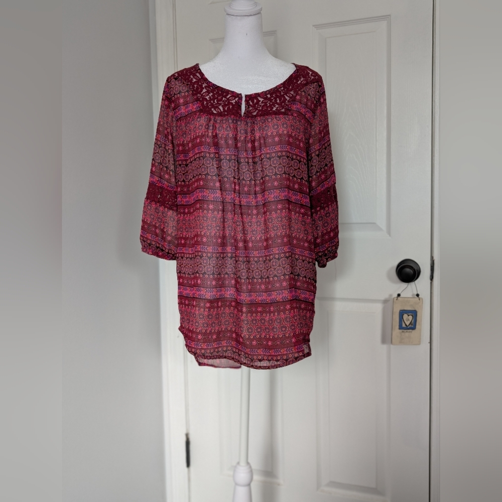 Mossimo Supply Co. Pink Burgundy Patterned Boho Blouse